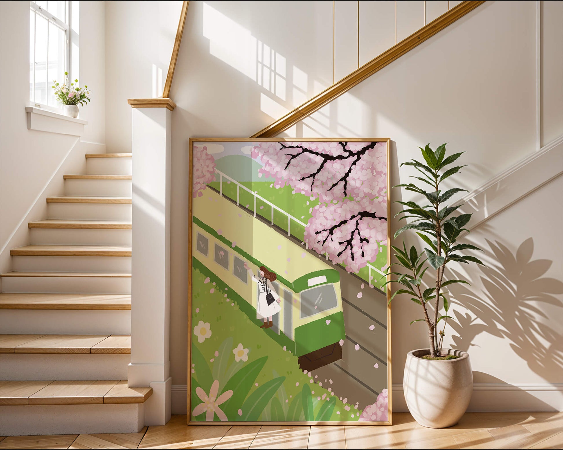 Cherry Blossoms and Train Scene in Spring Landscape