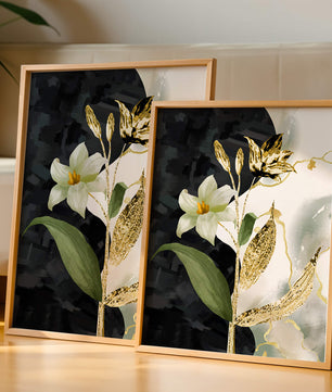 Diseño floral abstracto con detalles dorados y oscuros