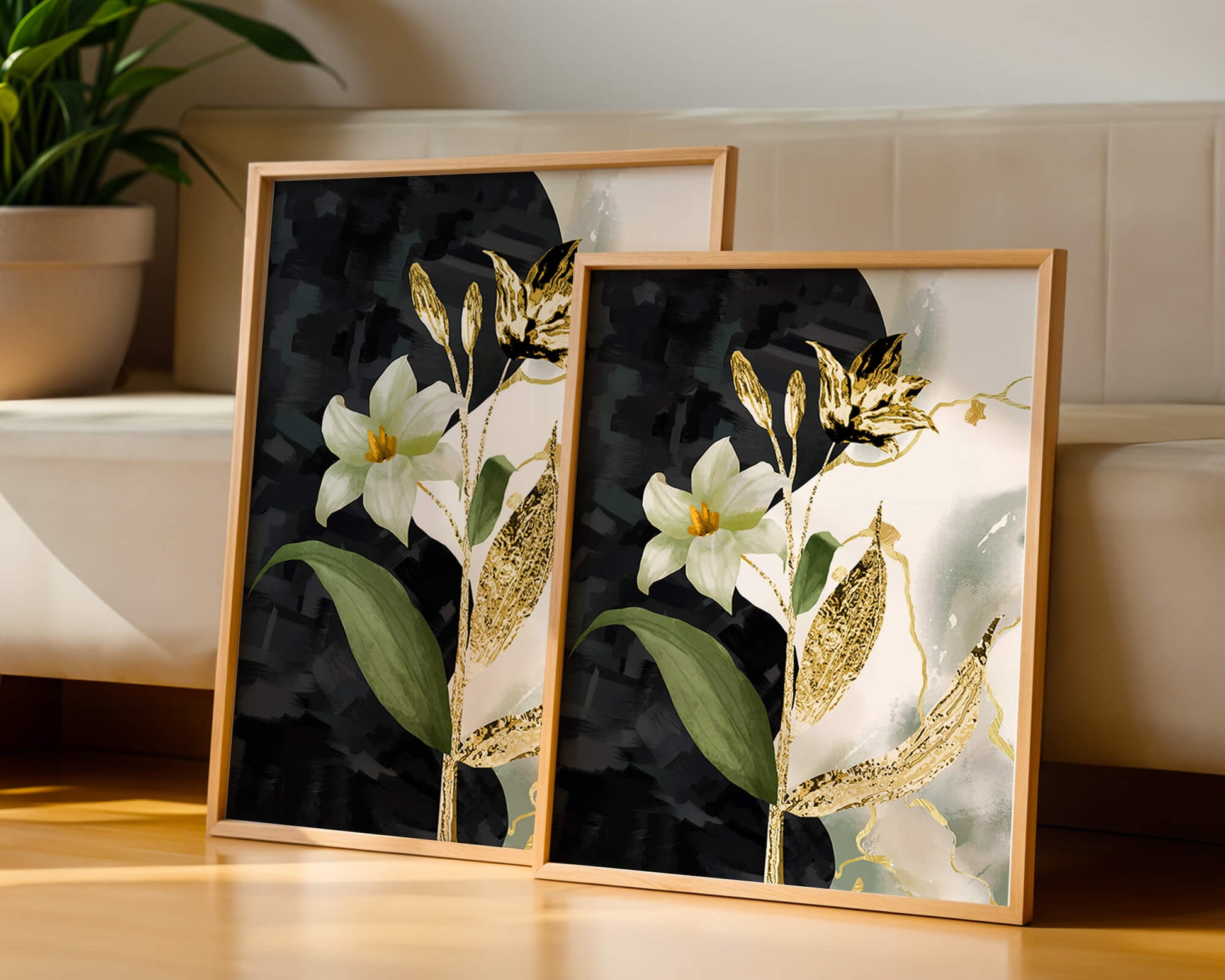 Diseño floral abstracto con detalles dorados y oscuros