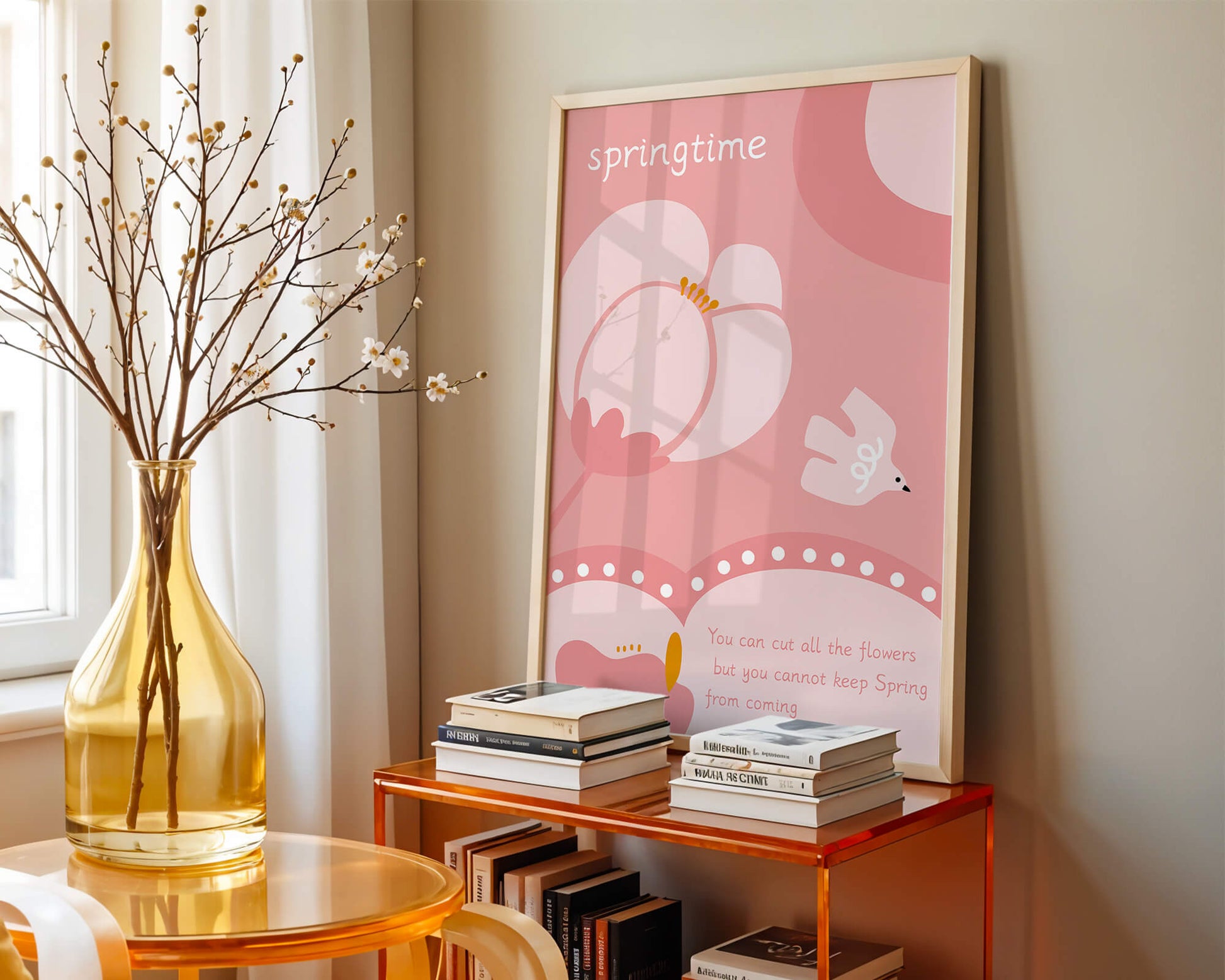 Springtime illustration with flowers and bird on pink background