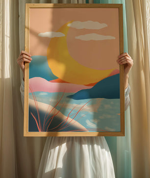 Abstract Landscape with Yellow Crescent and Pastel Colors