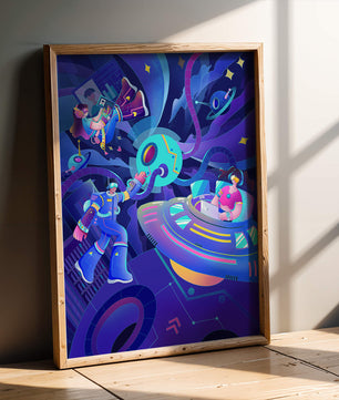 Futuristic Space Adventure Illustration with Robots and Technology
