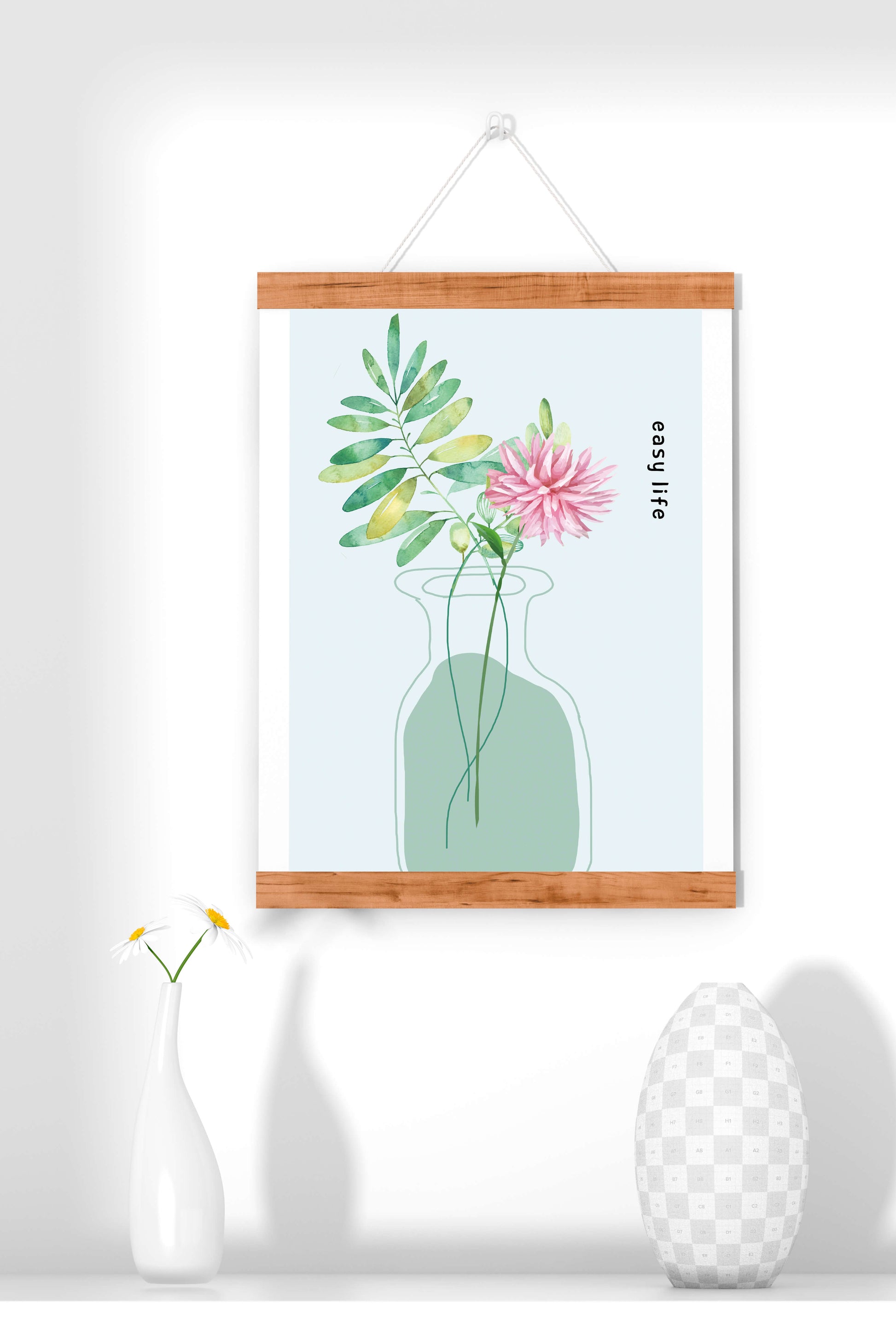 Arreglo floral en acuarela con vegetación en jarrón de vidrio
