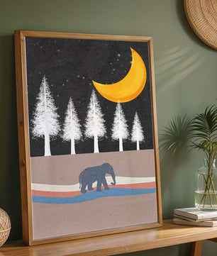 Serene Night Scene with Elephant Under Golden Moon in Forest - Mi tienda