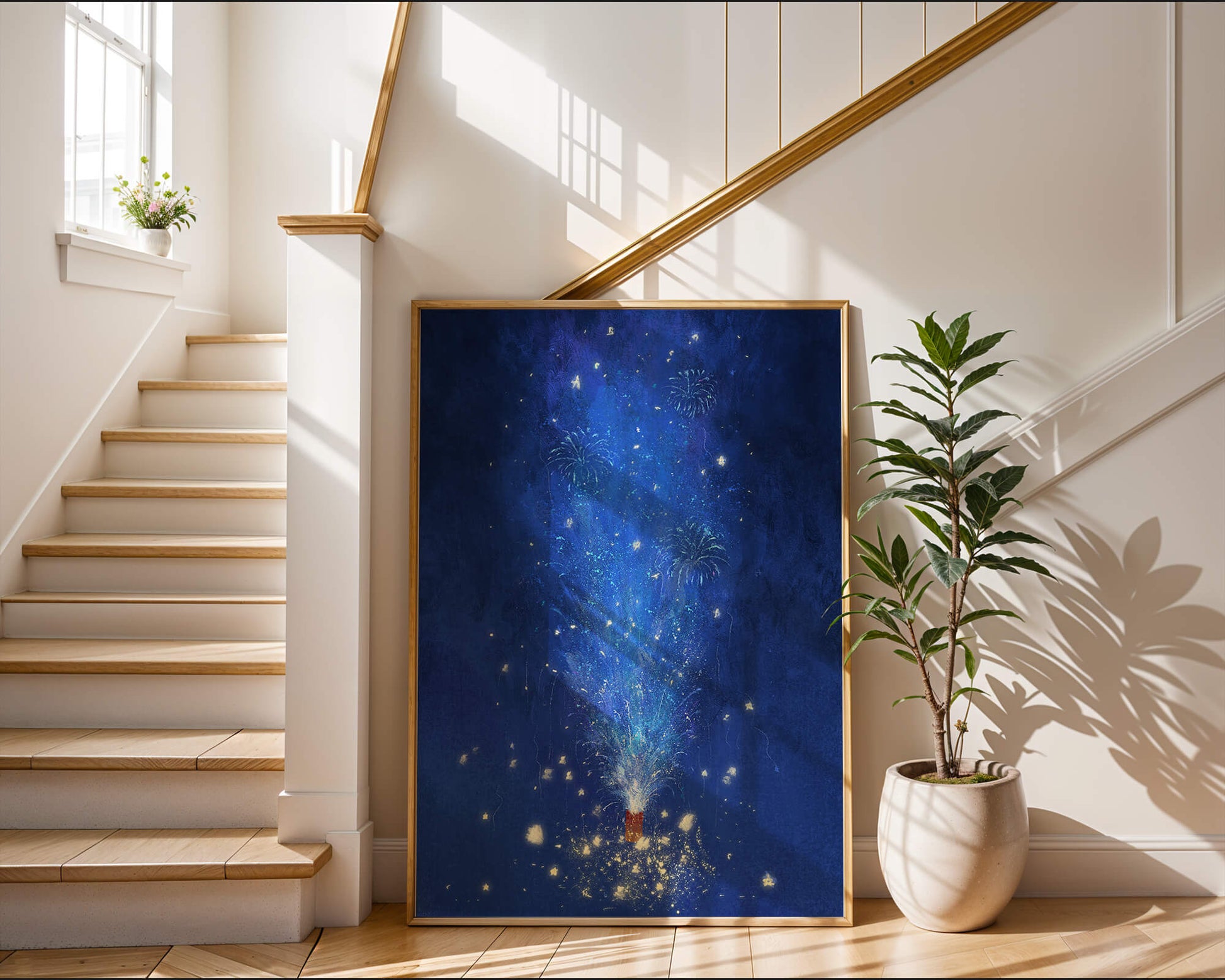 Feu d'artifice bleu dans la nuit avec étincelles dorées