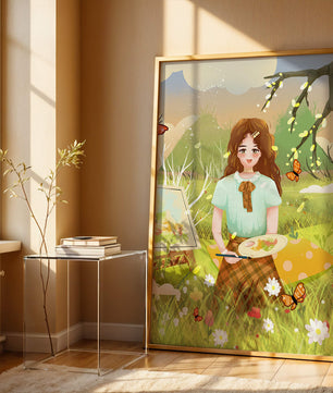 Ilustración de una chica pintando al aire libre rodeada de mariposas y flores