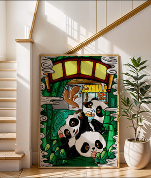 Ilustración de pandas encantadores disfrutando de helado bajo un puente de bambú