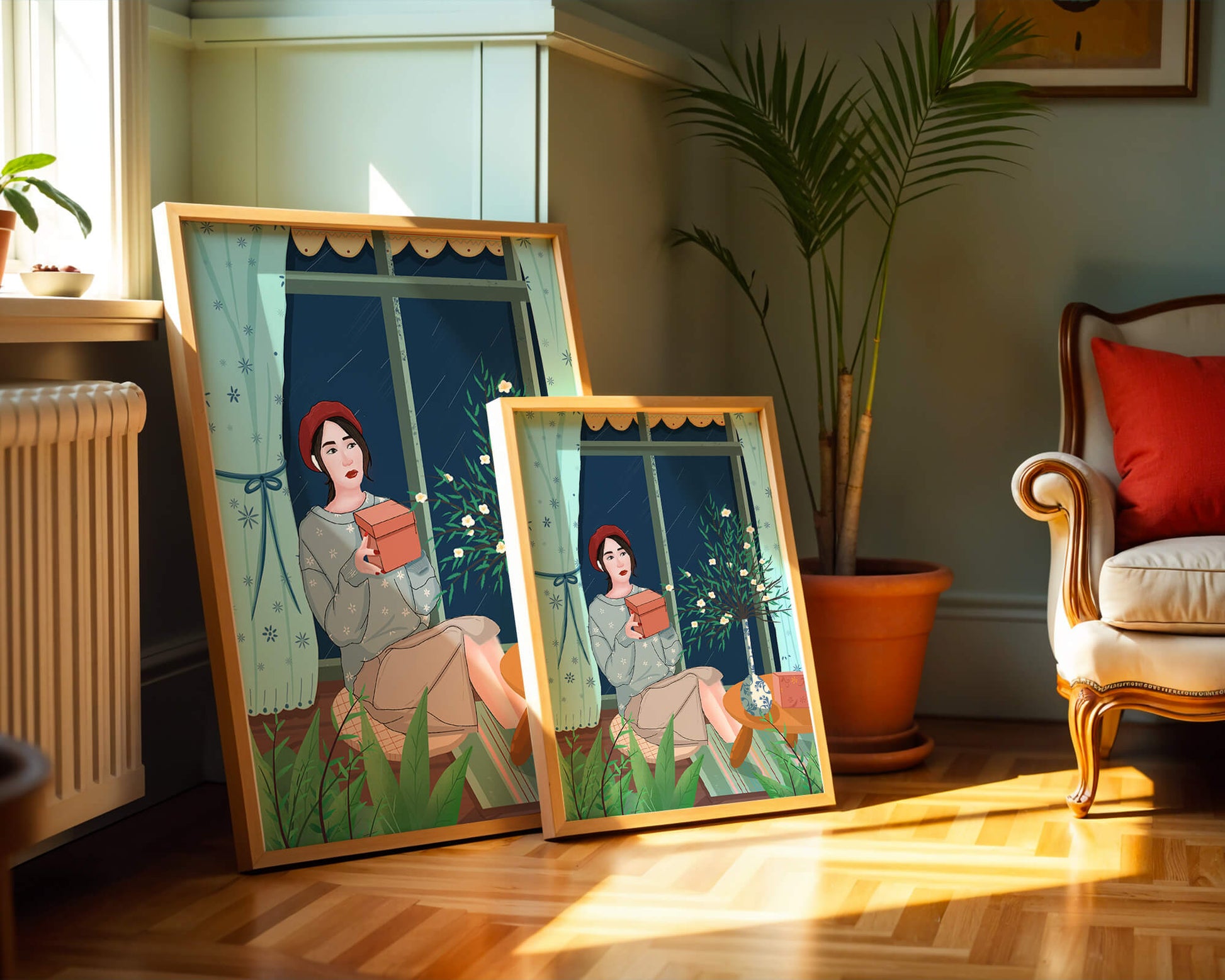 Mujer sosteniendo una caja de regalo en un interior acogedor con flores y ventana lluviosa