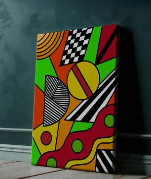 Vibrant geometric abstract artwork with bold colors and shapes
