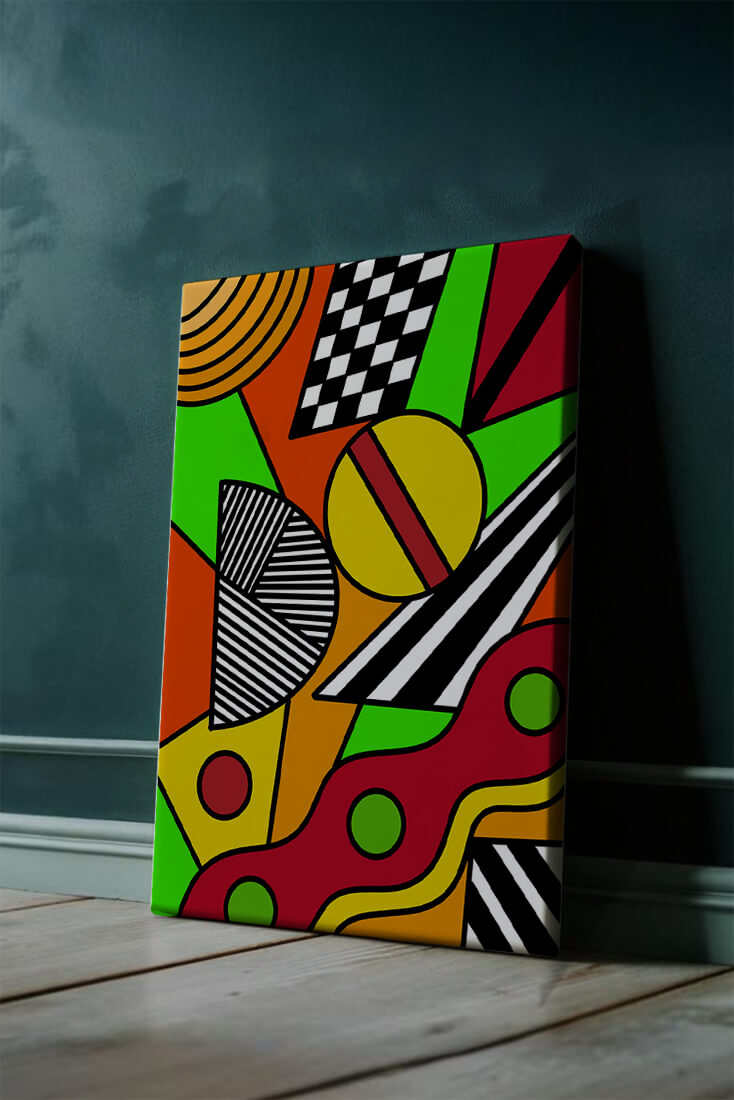 Vibrant geometric abstract artwork with bold colors and shapes