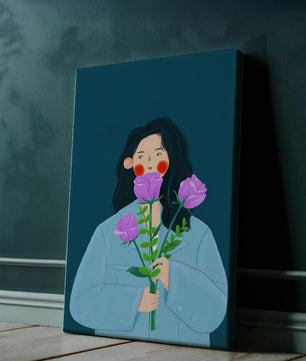 Illustration of a woman with purple flowers on a teal background