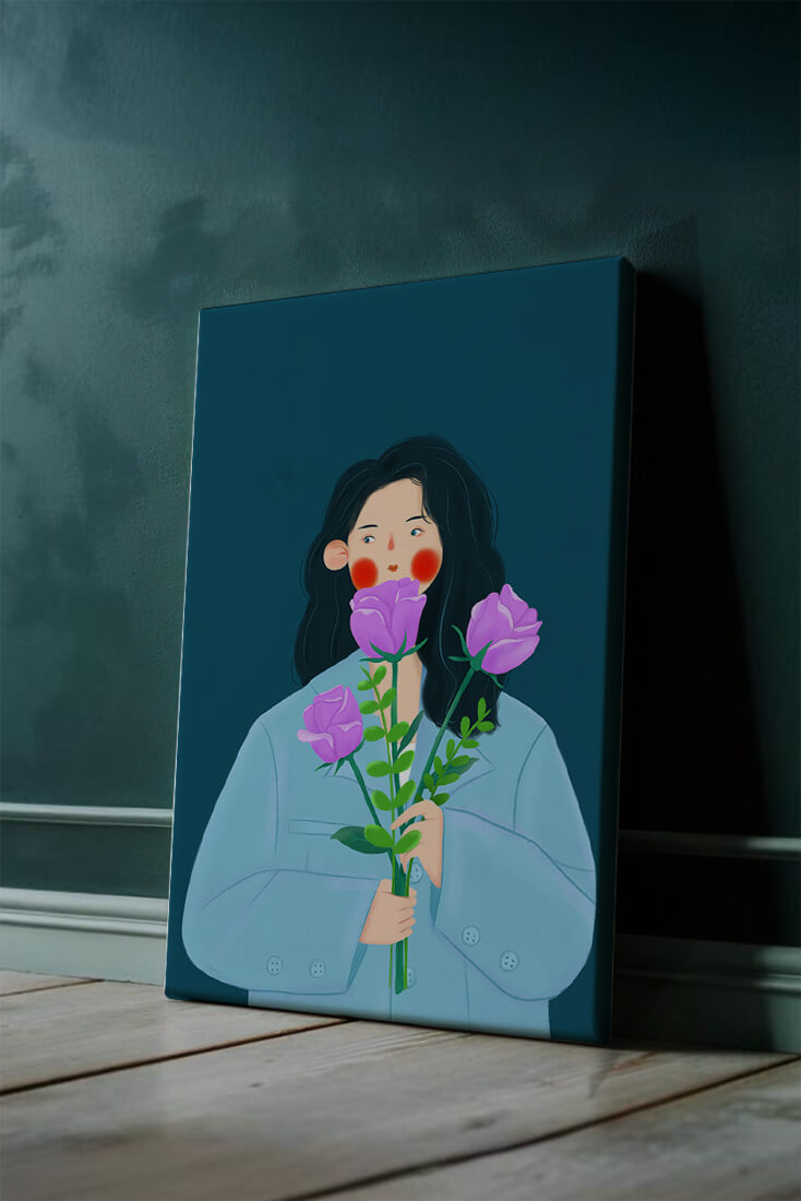 Illustration of a woman with purple flowers on a teal background