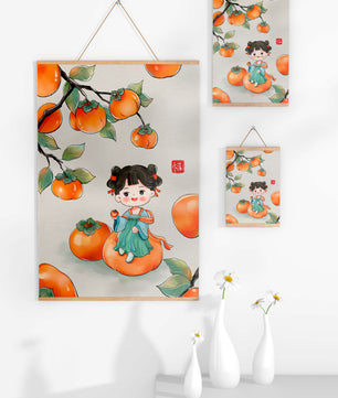 Illustration of a girl sitting on a persimmon surrounded by fruit and leaves