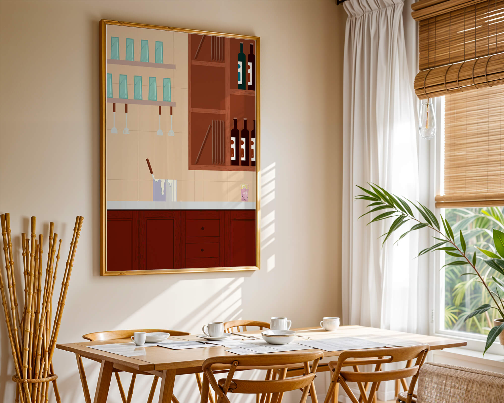 Modern kitchen interior with wooden cabinets and glass shelves