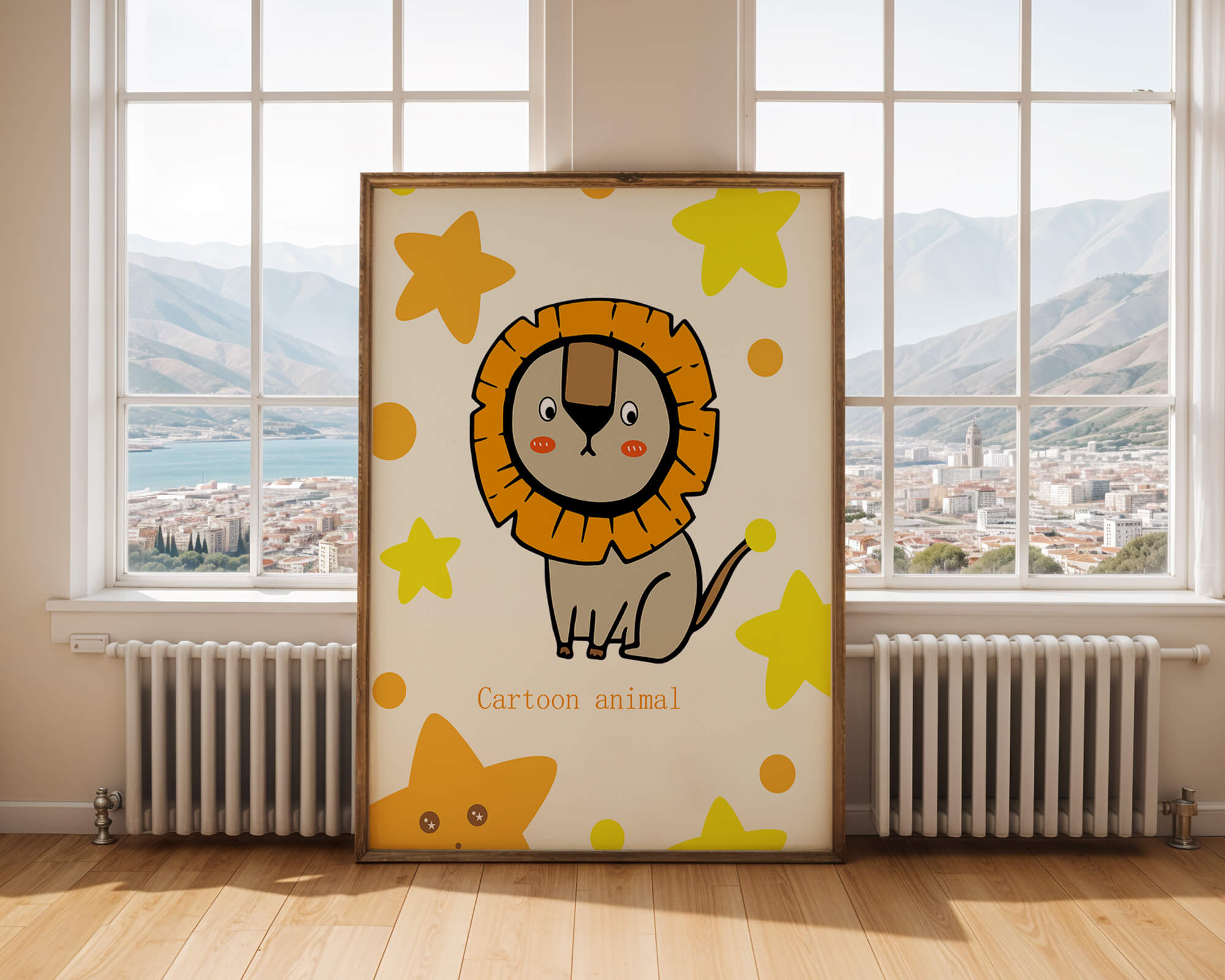 Cute cartoon lion illustration with stars for children's room
