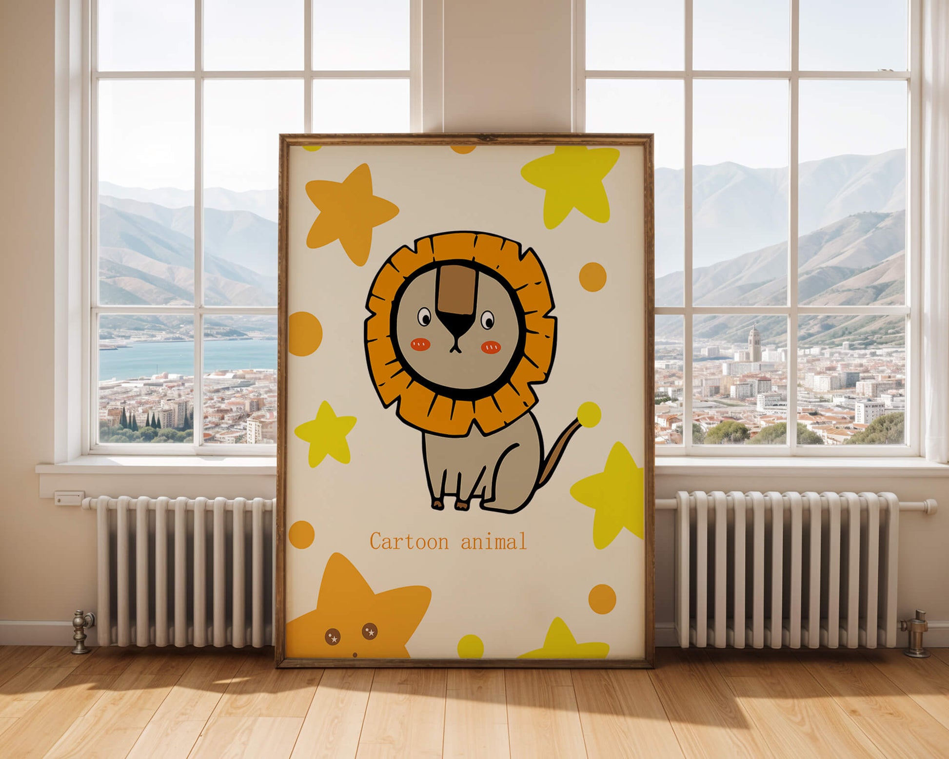 Cute cartoon lion illustration with stars for children's room