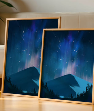 Paisaje montañoso sereno con auroras boreales y bosque oscuro