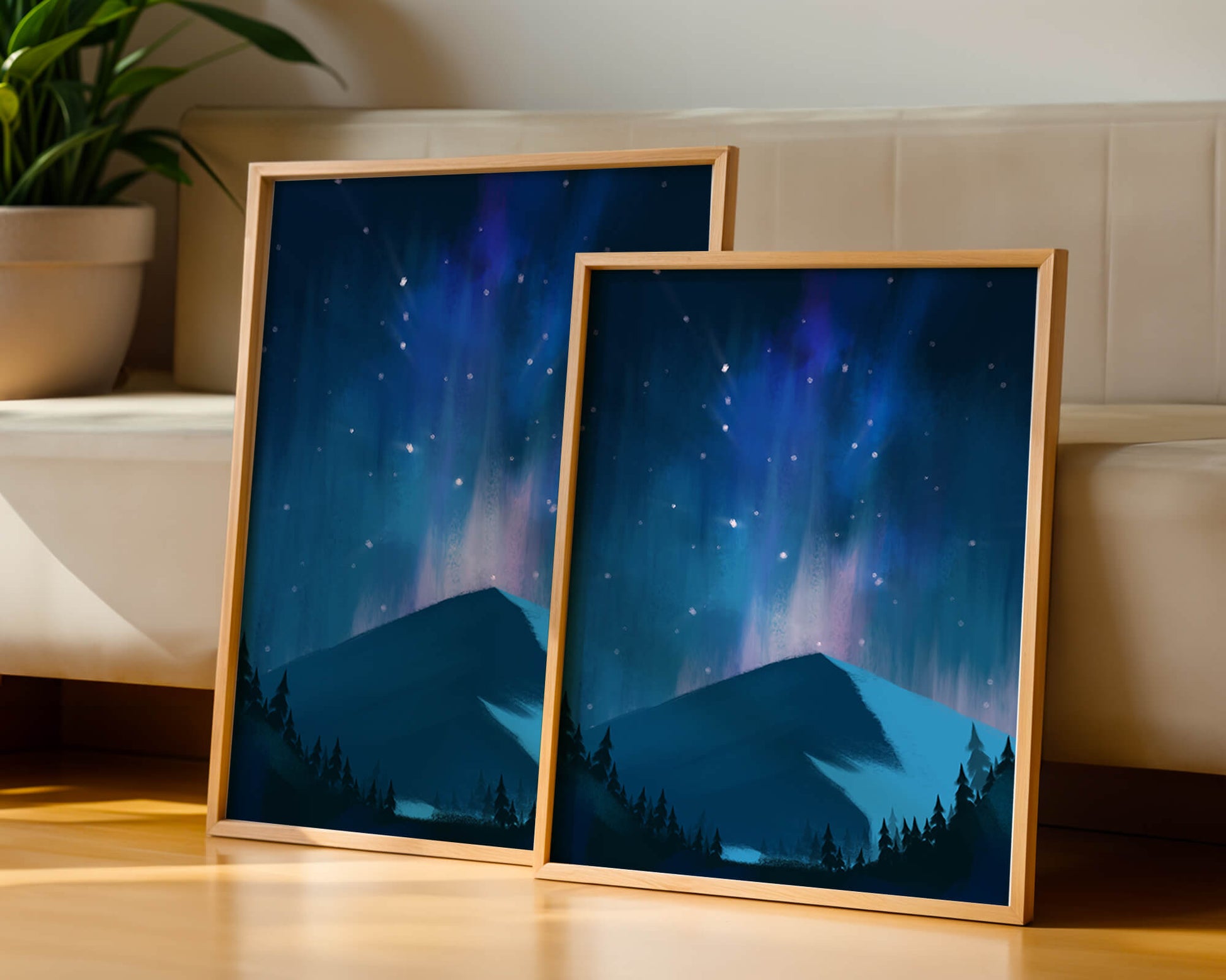 Paisaje montañoso sereno con auroras boreales y bosque oscuro