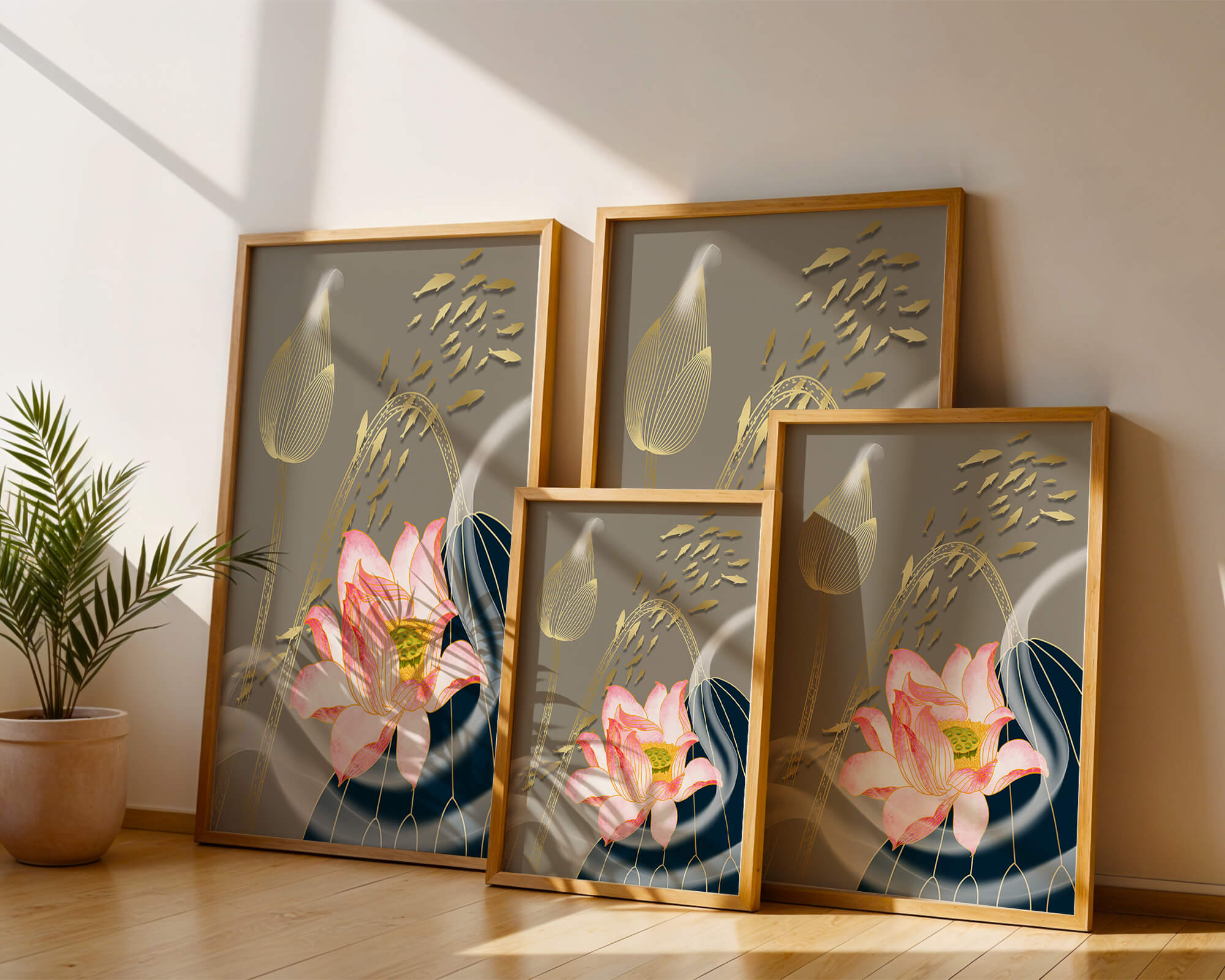Elegant floral design with blooming lotus and golden fish accents