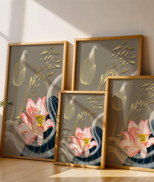 Elegant floral design with blooming lotus and golden fish accents