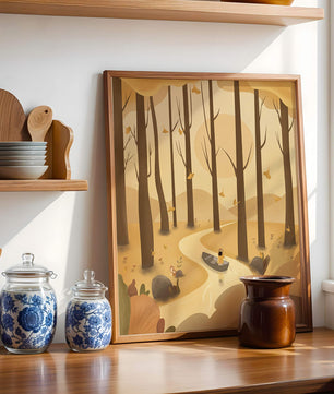 Serene autumn forest with river and boat in digital art scene