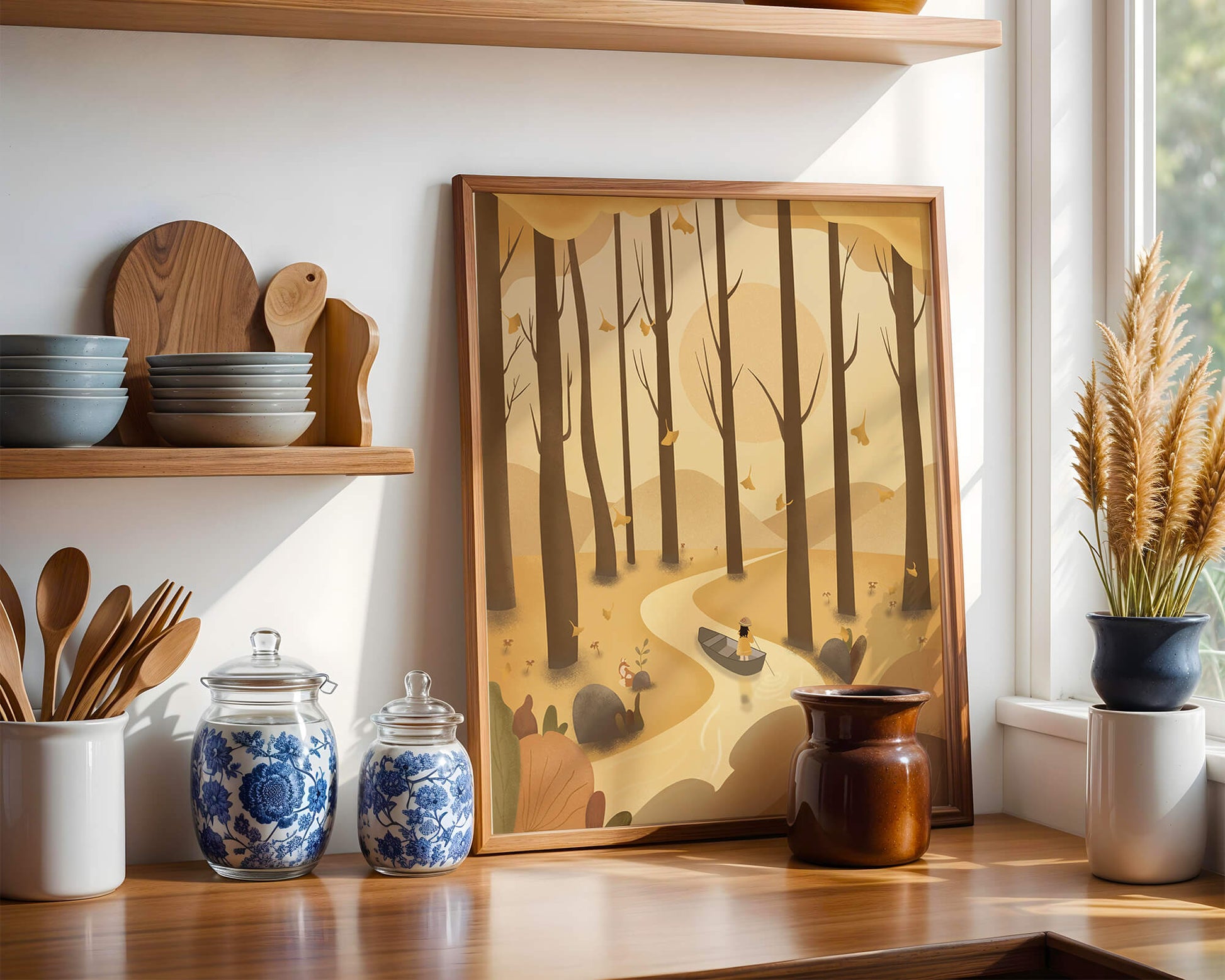 Serene autumn forest with river and boat in digital art scene