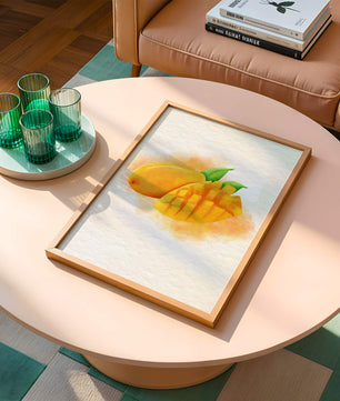 Watercolor depiction of a ripe mango with leaves on textured background