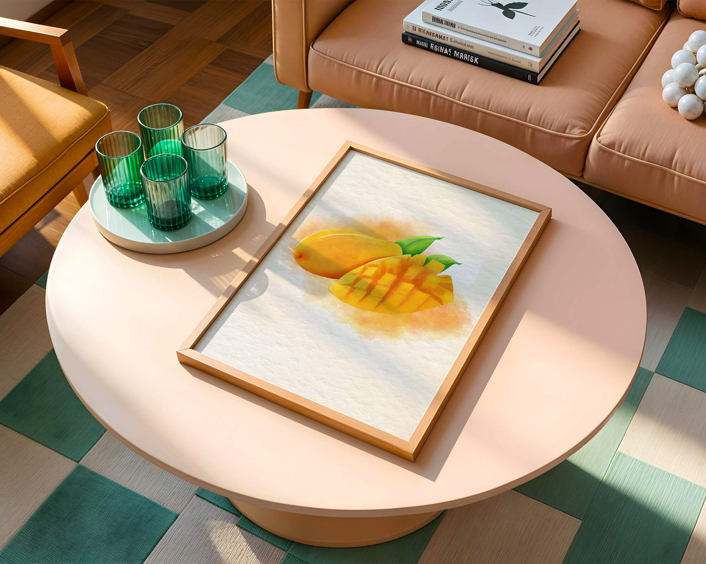 Watercolor depiction of a ripe mango with leaves on textured background