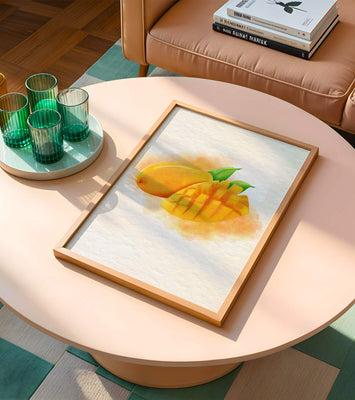 Watercolor depiction of a ripe mango with leaves on textured background