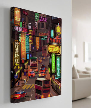 Vibrant urban street with neon signs and bustling traffic at night