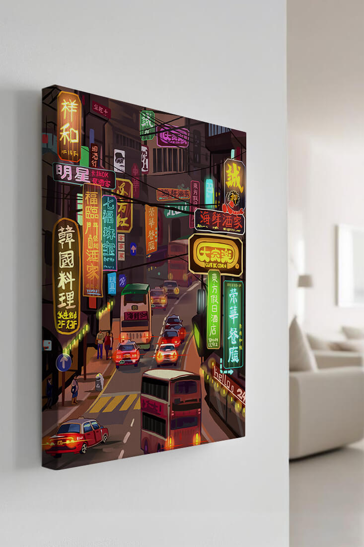 Vibrant urban street with neon signs and bustling traffic at night