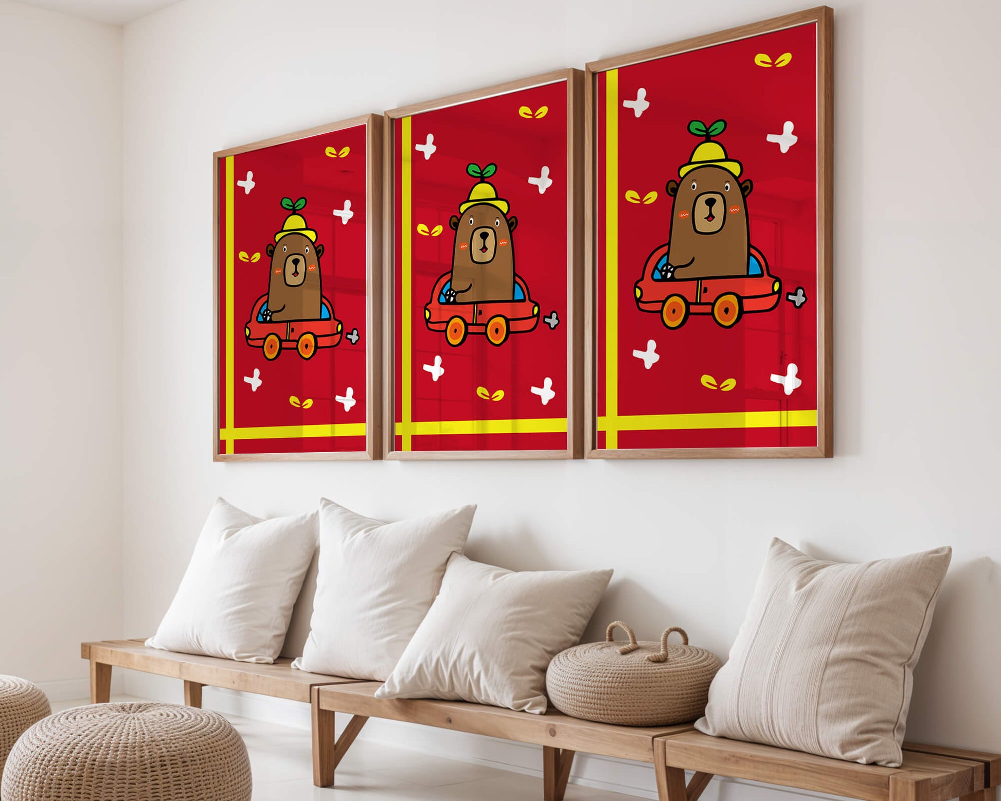Whimsical bear driving a car on a bright red background