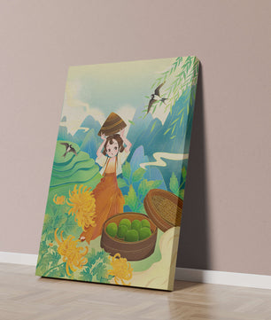 Young girl with basket in vibrant mountain landscape with birds and flowers