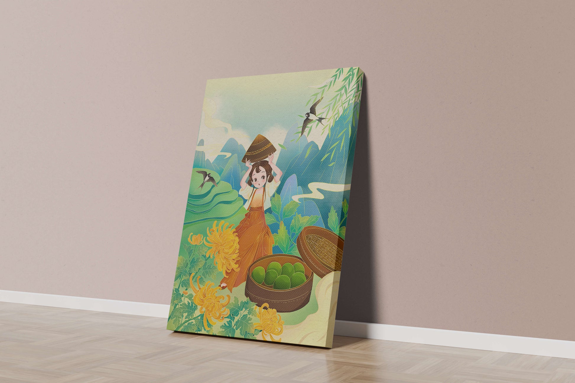 Young girl with basket in vibrant mountain landscape with birds and flowers