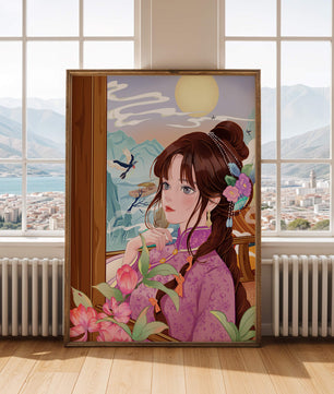 Serene landscape with a woman in traditional dress and mountain view