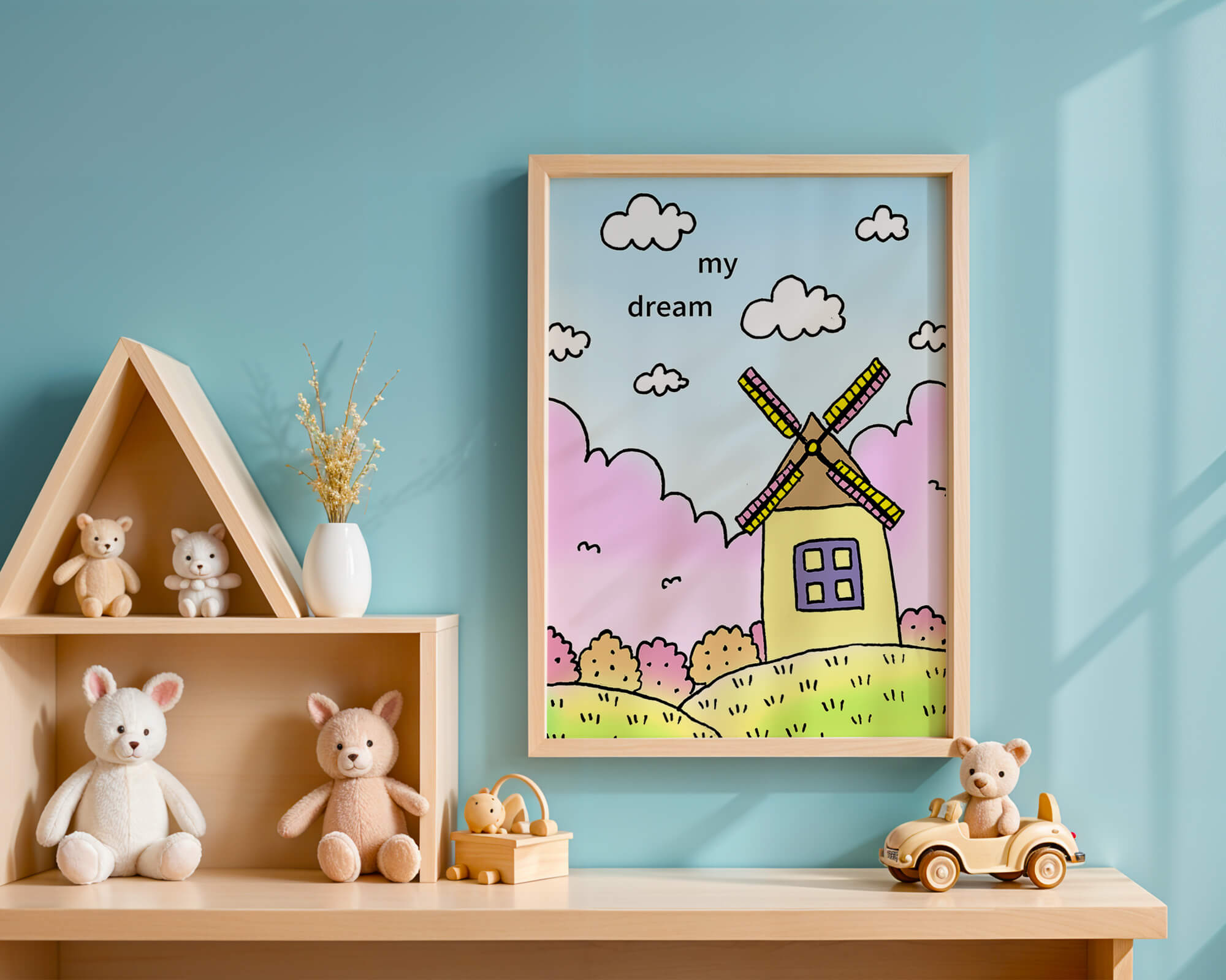 Windmill in a pastel landscape with fluffy clouds and bushes