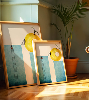 Woman Climbing Ladder towards Giant Yellow Fruit