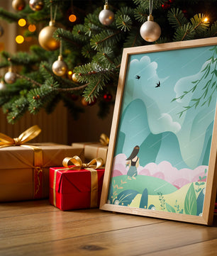 Peaceful landscape with a girl and nature elements
