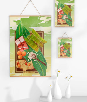 Traditional dumplings wrapped in leaves with ingredients on a vibrant background
