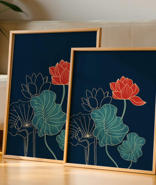 Elegant Floral Illustration with Vibrant Lotus and Gold Outlines on Dark Background