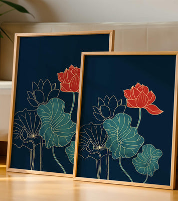 Elegant Floral Illustration with Vibrant Lotus and Gold Outlines on Dark Background
