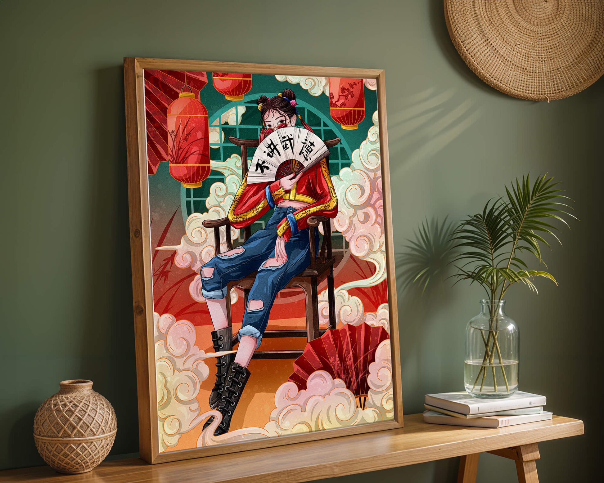 Female character with fan in colorful oriental setting