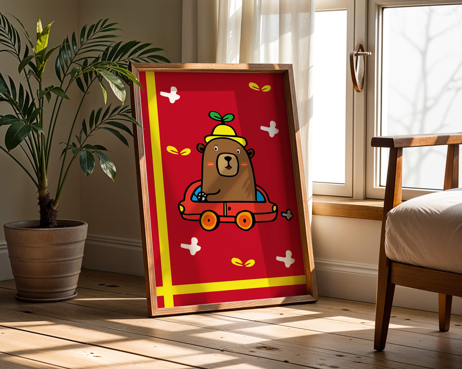 Whimsical bear driving a car on a bright red background