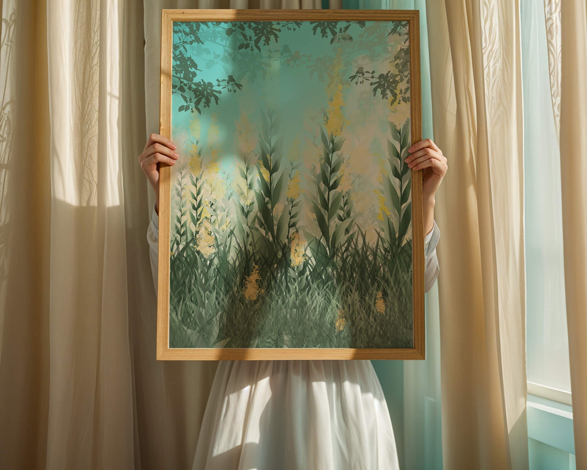 Jardín sereno con hojas verdes altas y flores amarillas bajo el cielo azul