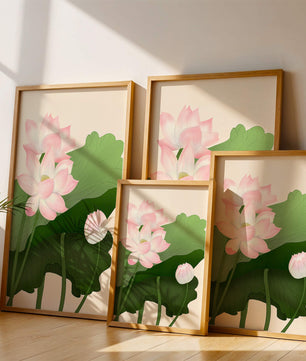 Delicate pink lotus flowers with verdant green leaves