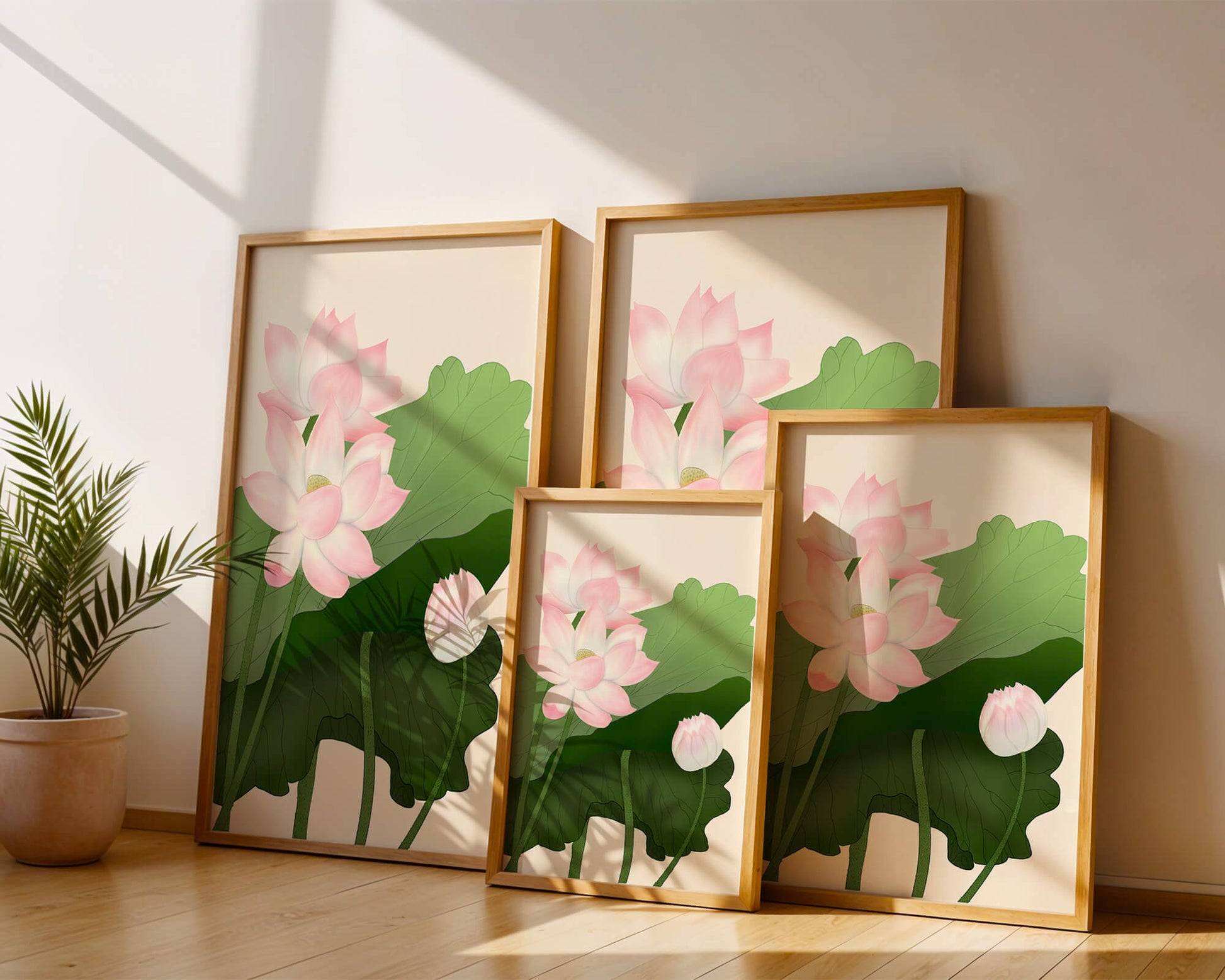 Delicate pink lotus flowers with verdant green leaves