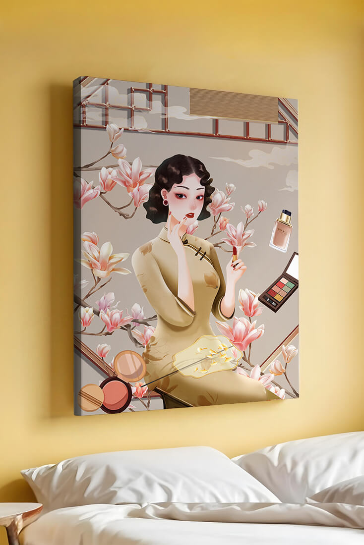 Elegant illustration of a woman with makeup and magnolia flowers