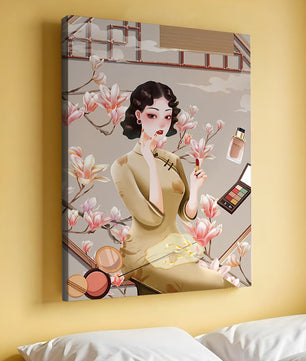 Elegant illustration of a woman with makeup and magnolia flowers