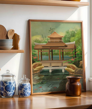 Traditional Japanese Garden Pavilion with Scenic Pond and Lush Greenery