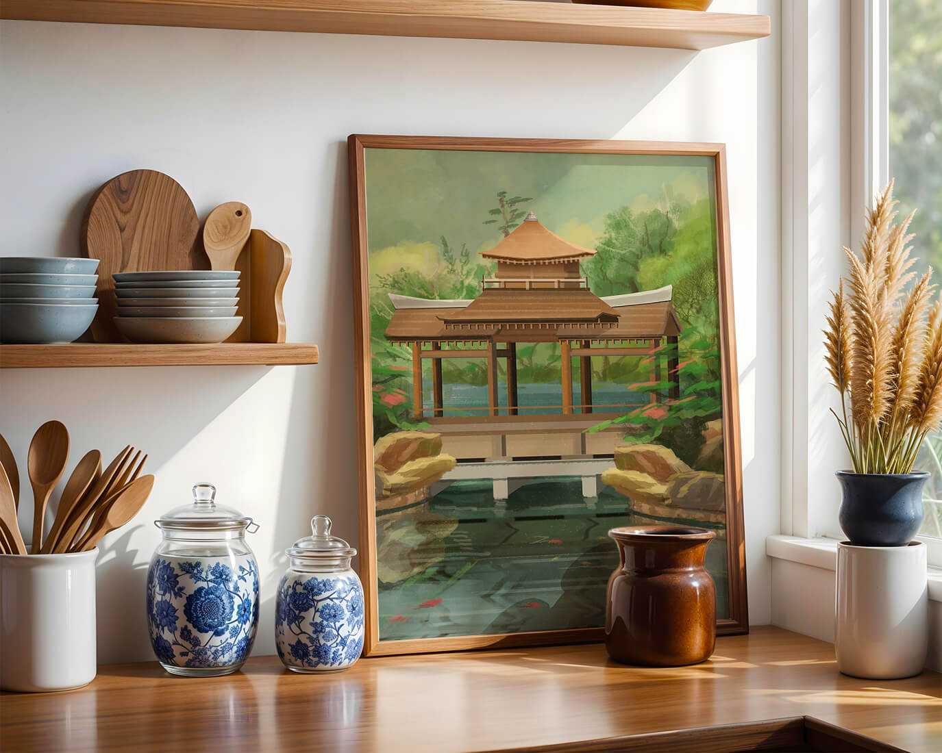 Traditional Japanese Garden Pavilion with Scenic Pond and Lush Greenery